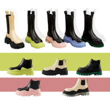 Nouvelle tendance en gros femmes Luxury High Top Talon Wood Sole Custom Geothe Great Leather Rain Chaussures Travail la cheville Chunky Chelsea Boot Woman